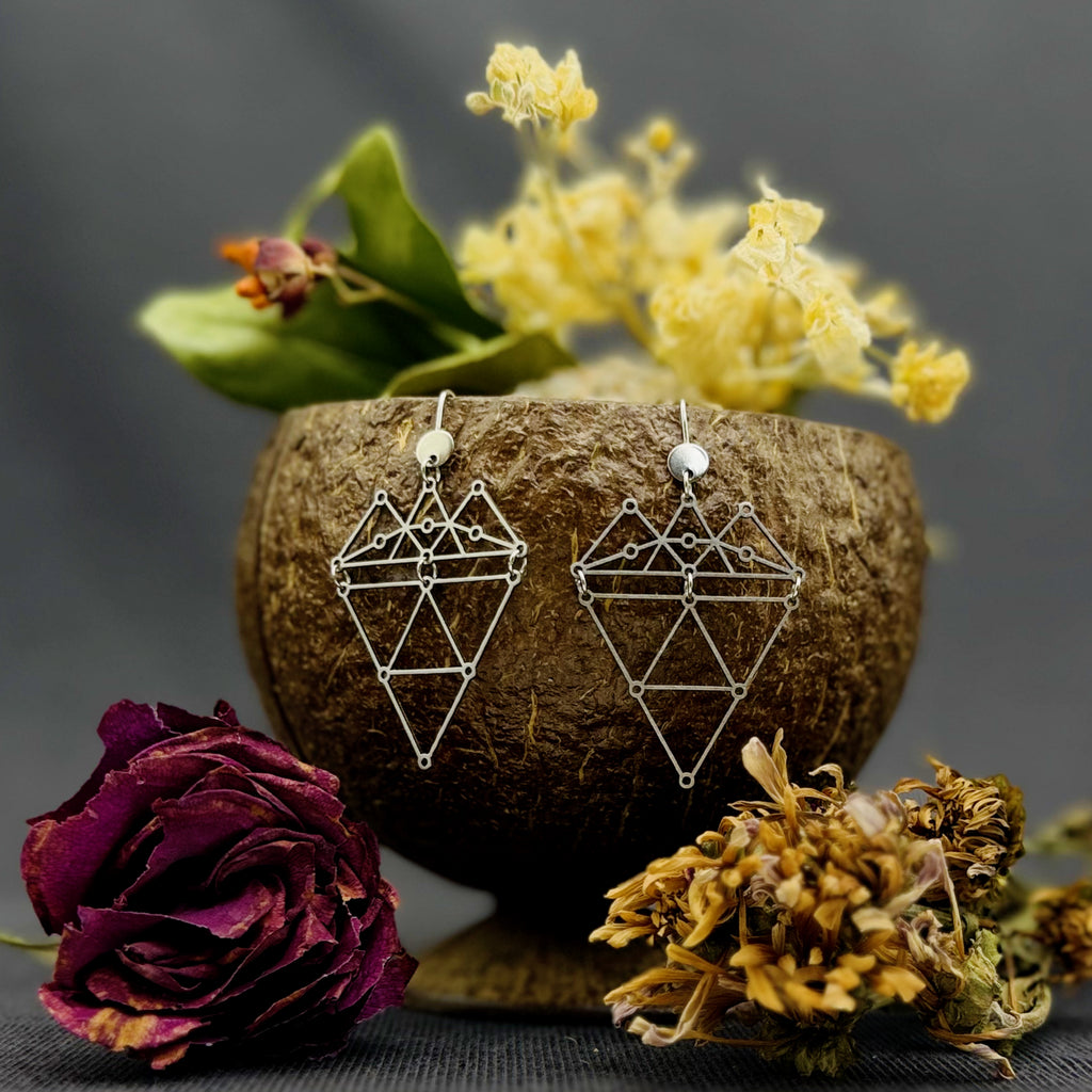 Geometric earrings on a stone surface with flowers and a dark background
