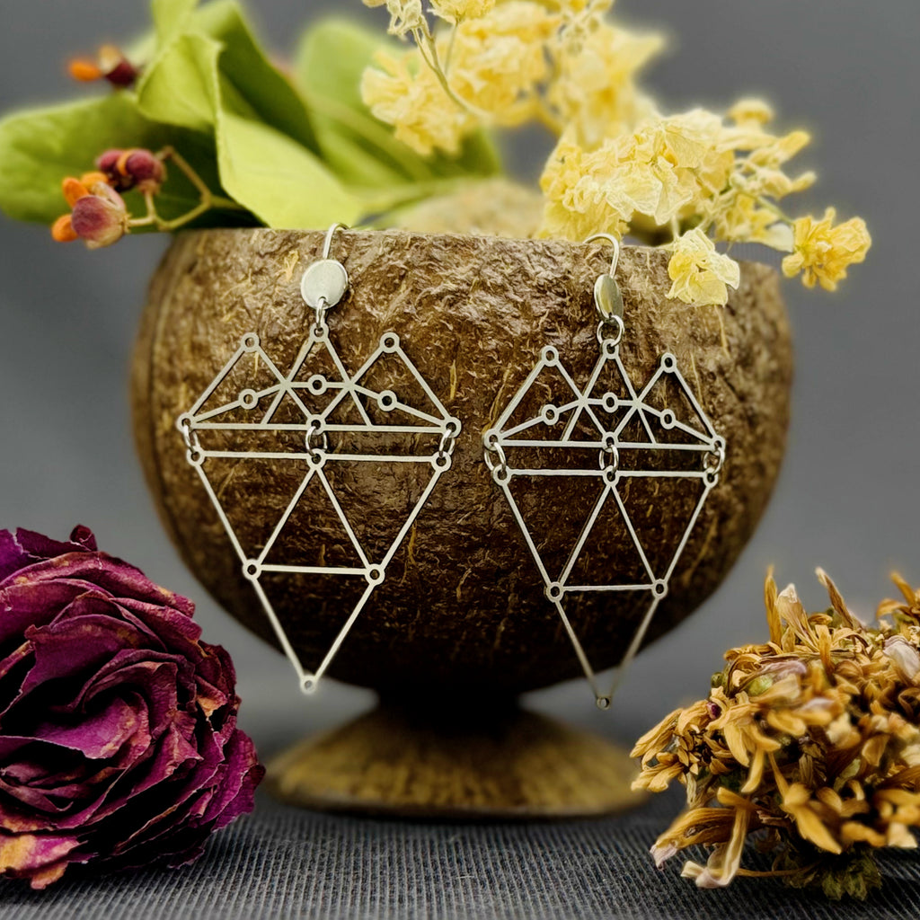 Geometric earrings hanging from a coconut  bowel with flowers around