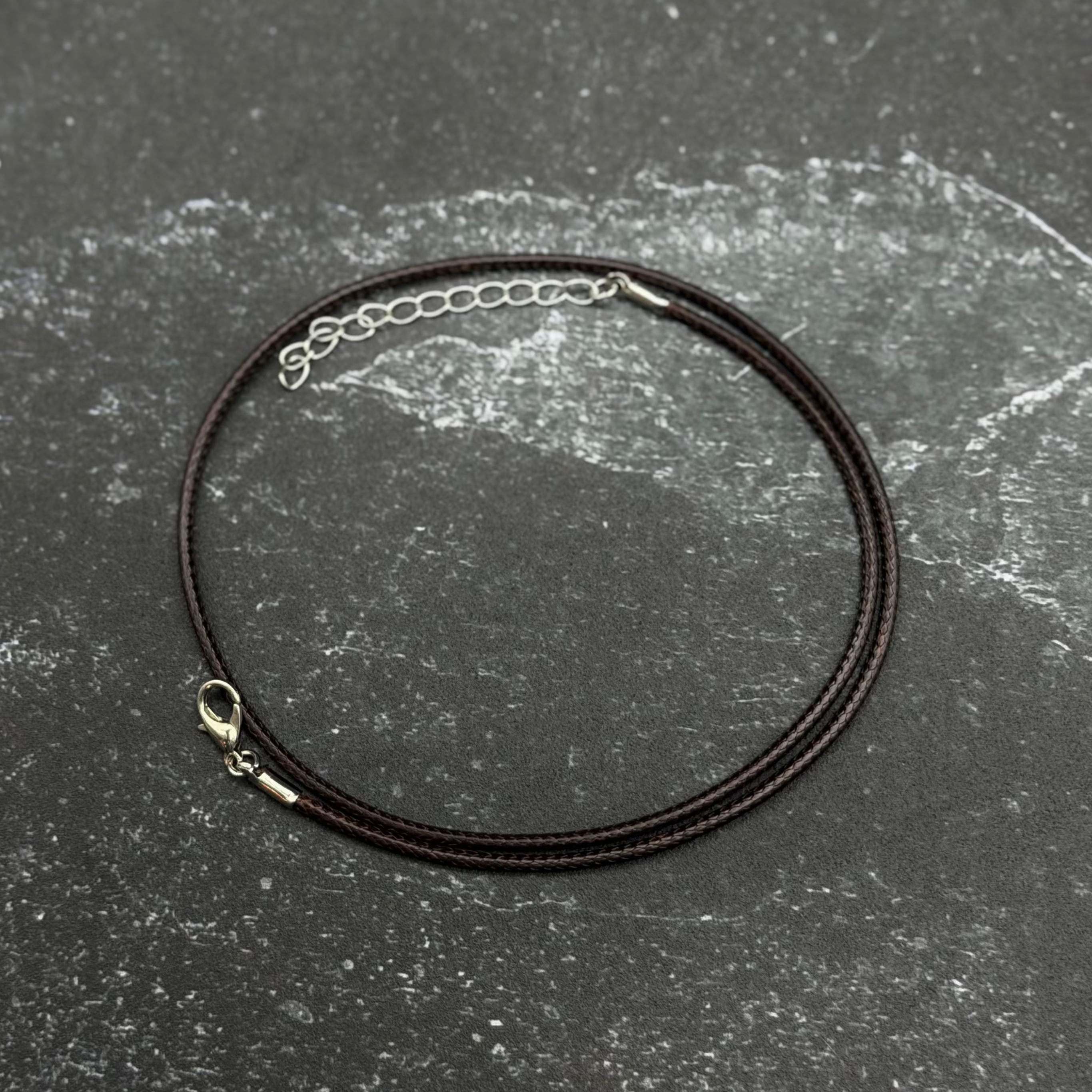 Dark brown leather wax cord necklace with chain extender. 