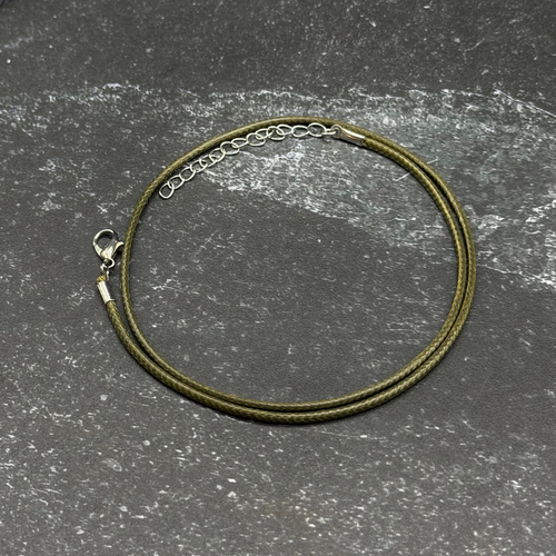 Green leather wax cord necklace with chain extender. 