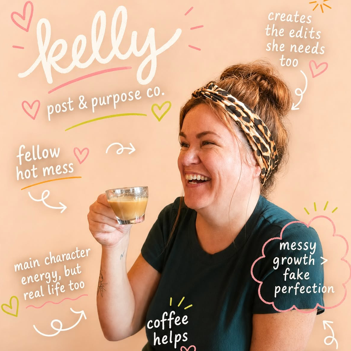Woman holding a coffee cup with text and graphics on a social media post.