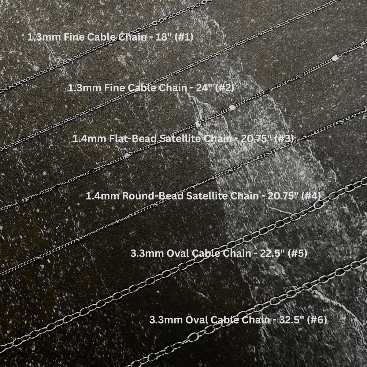 Labeled Stainless Steel Chains on Slate