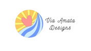 Logo with a heart, sun, and wave design next to 'Via Amata Designs' text on a white background