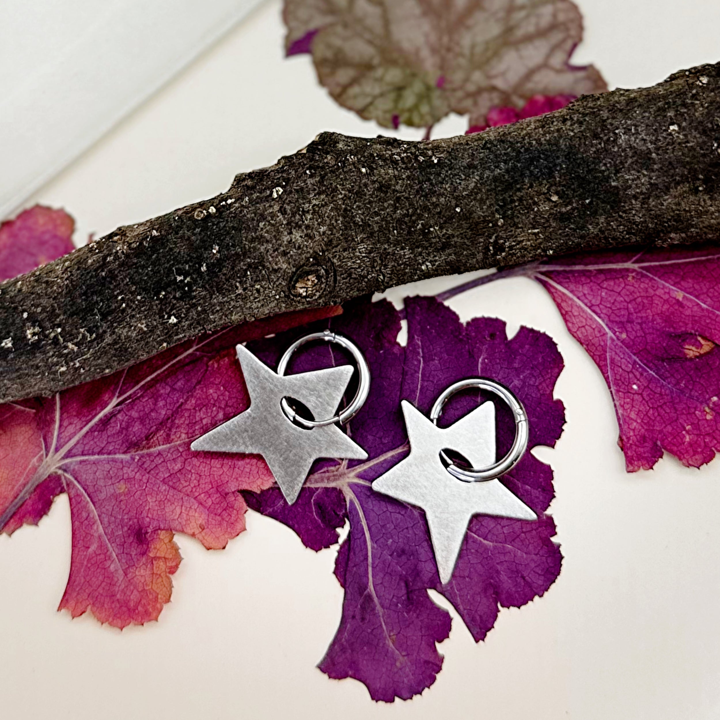 Star earrings placed in front of book with floral & wood arrangement. 